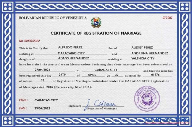 Realistic Venezuela marriage certificate PSD template